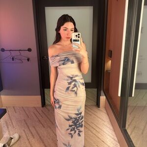 Elegant Off-Shoulder Blue Floral Dress